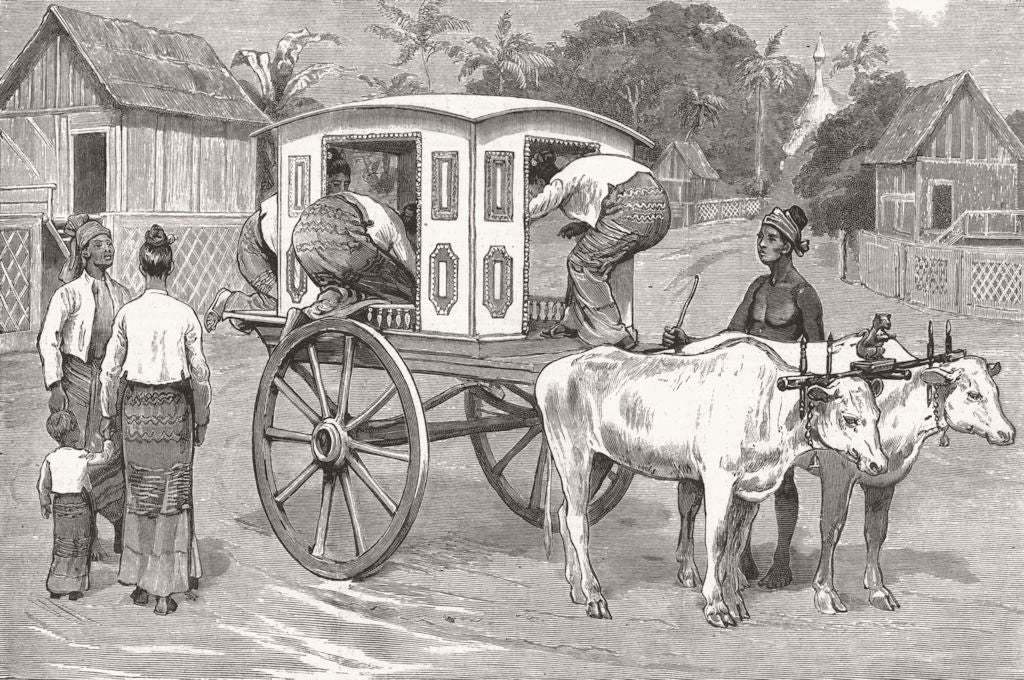 BURMA. Cart, oxen, Burmese sisters pm call 1886 old antique print picture